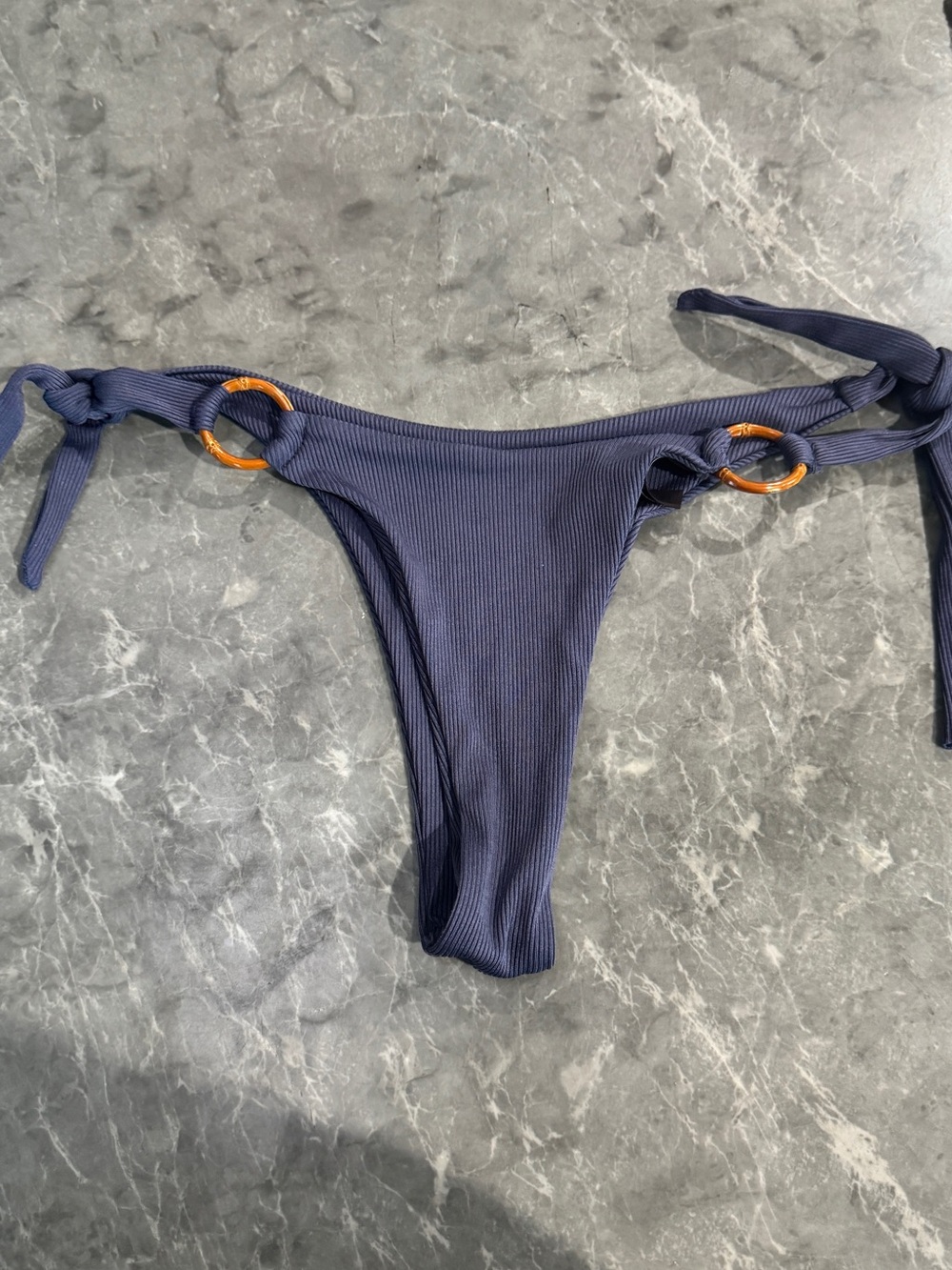Ribbed Navy Tie-Side Bikini Bottom with Tortoiseshell Rings